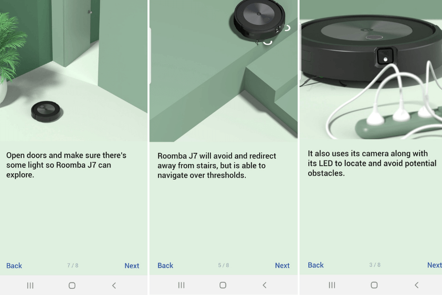 Bei der Einrichtung der iRobot Home App werden nützliche Tipps in der Handy-App angezeigt.